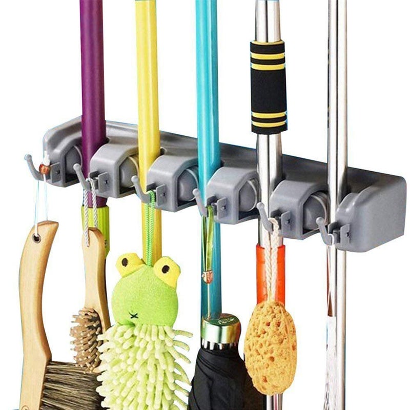 SurpriseSeptember Mop and Broom Holder, Multipurpose Wall Mounted Heavy Duty Tool Organizer Storage Hooks,Ideal Broom Hanger for Kitchen Garden and Garage laundry room,5 Position with 6 Hooks - Image 1